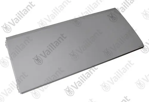 Vaillant Frontblech in neutraler Farbe, flaches, rechteckiges Metallteil mit abgerundeten Kanten, möglicherweise für Heizungsinstallation oder -verkleidung.